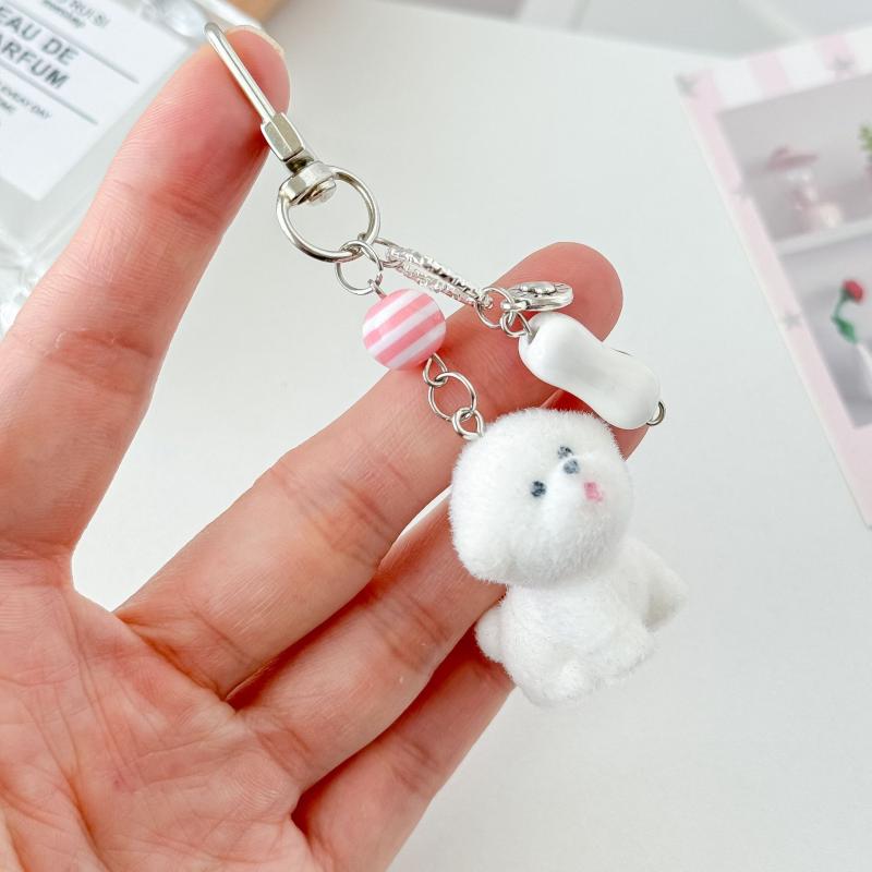 Cute Cartoon Flocking Puppy Keychain Girl Handbag Charms Decoration Kawaii Dog Key Ring Mobile Phone Pendant Chain Gift