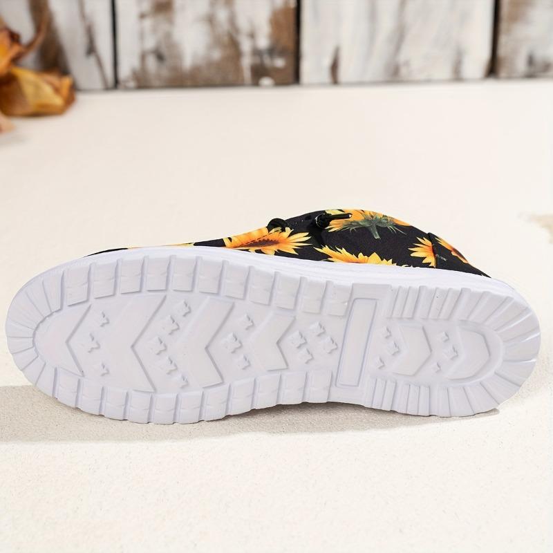 Ladies Casual Round Toe Slip-On Shoes Black, Breathable, Anti-Slip, Sunflower Pattern, Easy to Wear, Flat Heel, Fabric Upper, EVA Sole, Fabric Insole