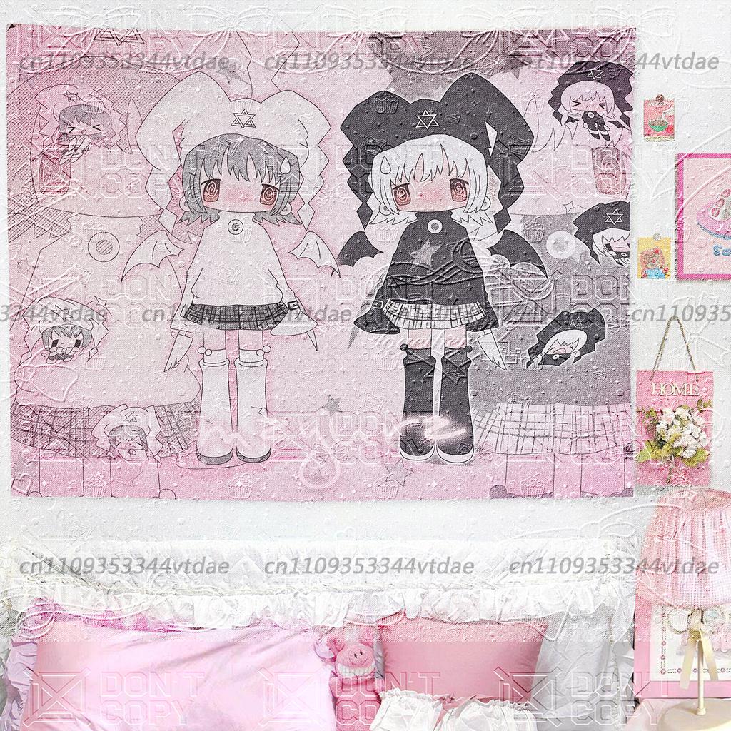Goth Kawaii Twin Girls Tapestry Dark Anime Cartoon Wall Hanging Girl Aesthetic Decor Ins Style Dorm Bedroom Background Cloth