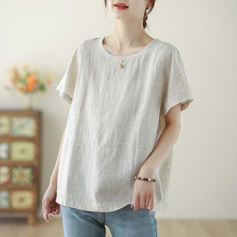 Sommer Neu Kurzärmeliges Baumwollleinen Künstlerisch Schlicht Locker Lässig Vielseitig Rundhals Kurzarmshirt