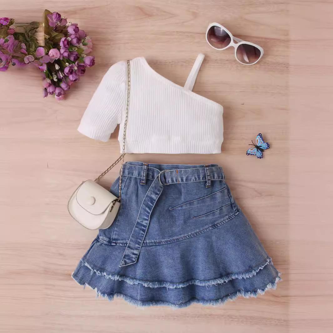 

Girls Suit Summer Children s Solid-color Short-sleeved Top, Denim Pleated Short Skirt Suit Belt 90cm білий