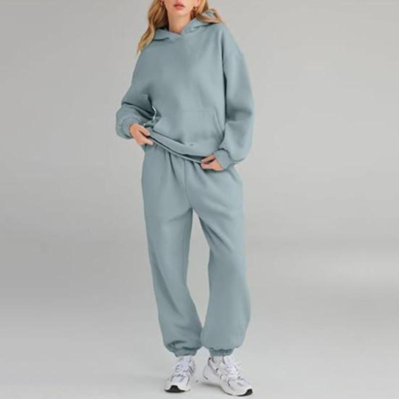 2 pezzi/set da donna, top sportivo, pantaloni, set con cappuccio, manica lunga, colore puro, felpa con cappuccio