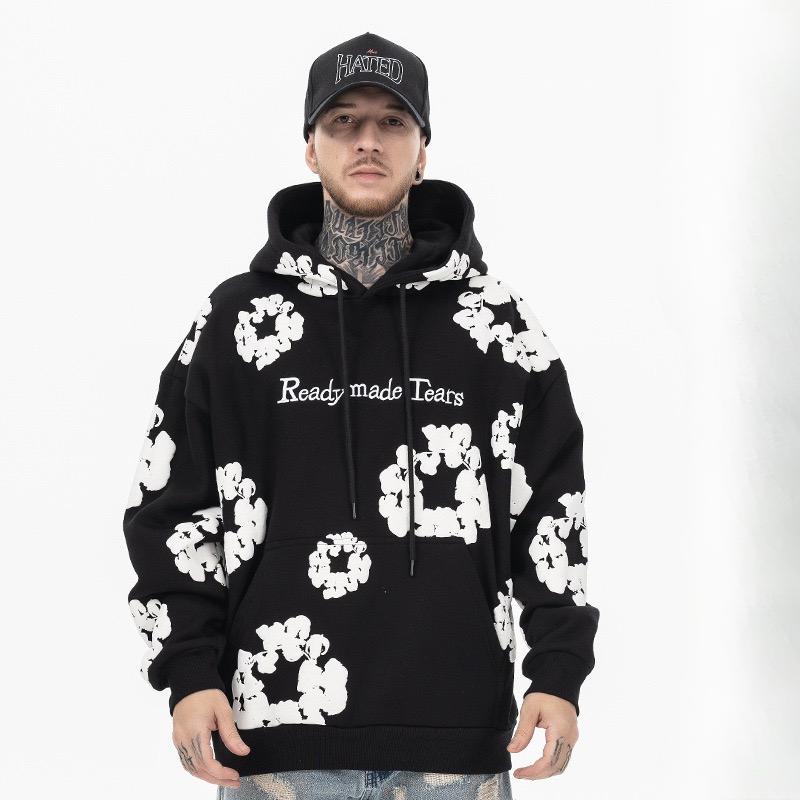 Autumn and Winter Black Hooded Flower Print Sweatshirt White Flower Pattern Men's Casual Top