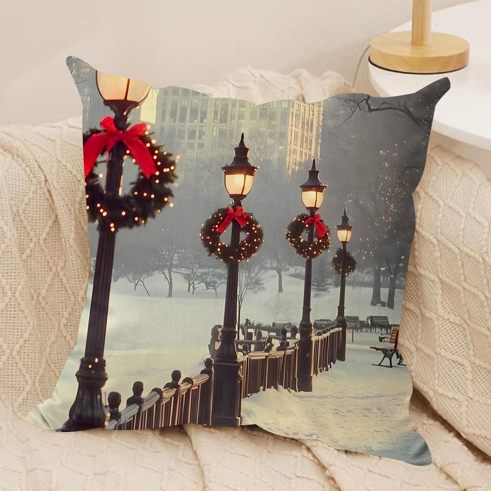 World Landmark Christmas Cushion Cover Silky Short Plush Invisible Zipper Dustproof Sofa Pillow Case For Home Decor
