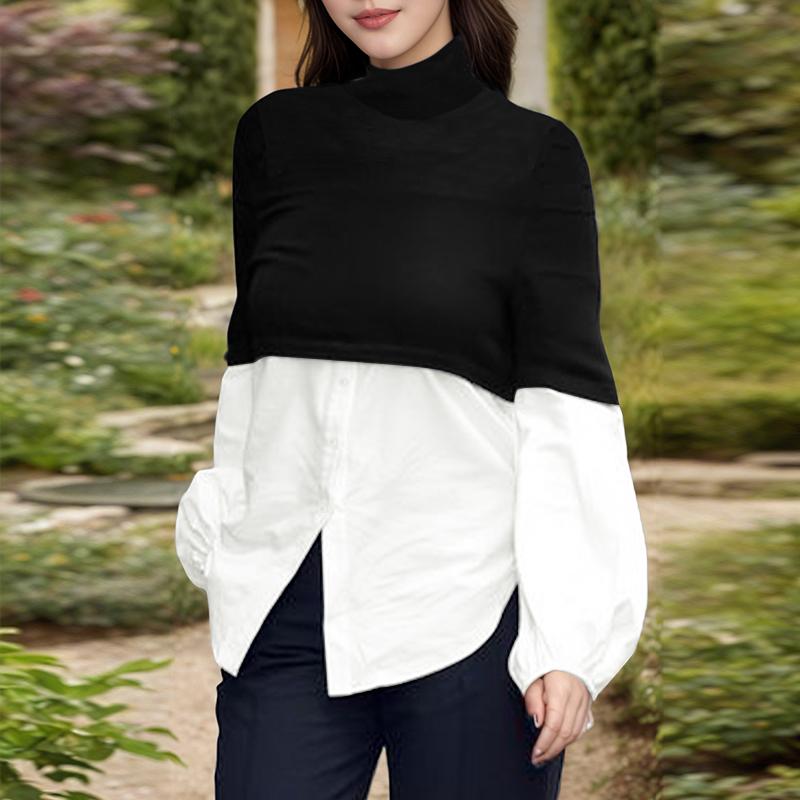 ZANZEA Women Turtleneck Patchwork Casual Long Sleeve Blouse
