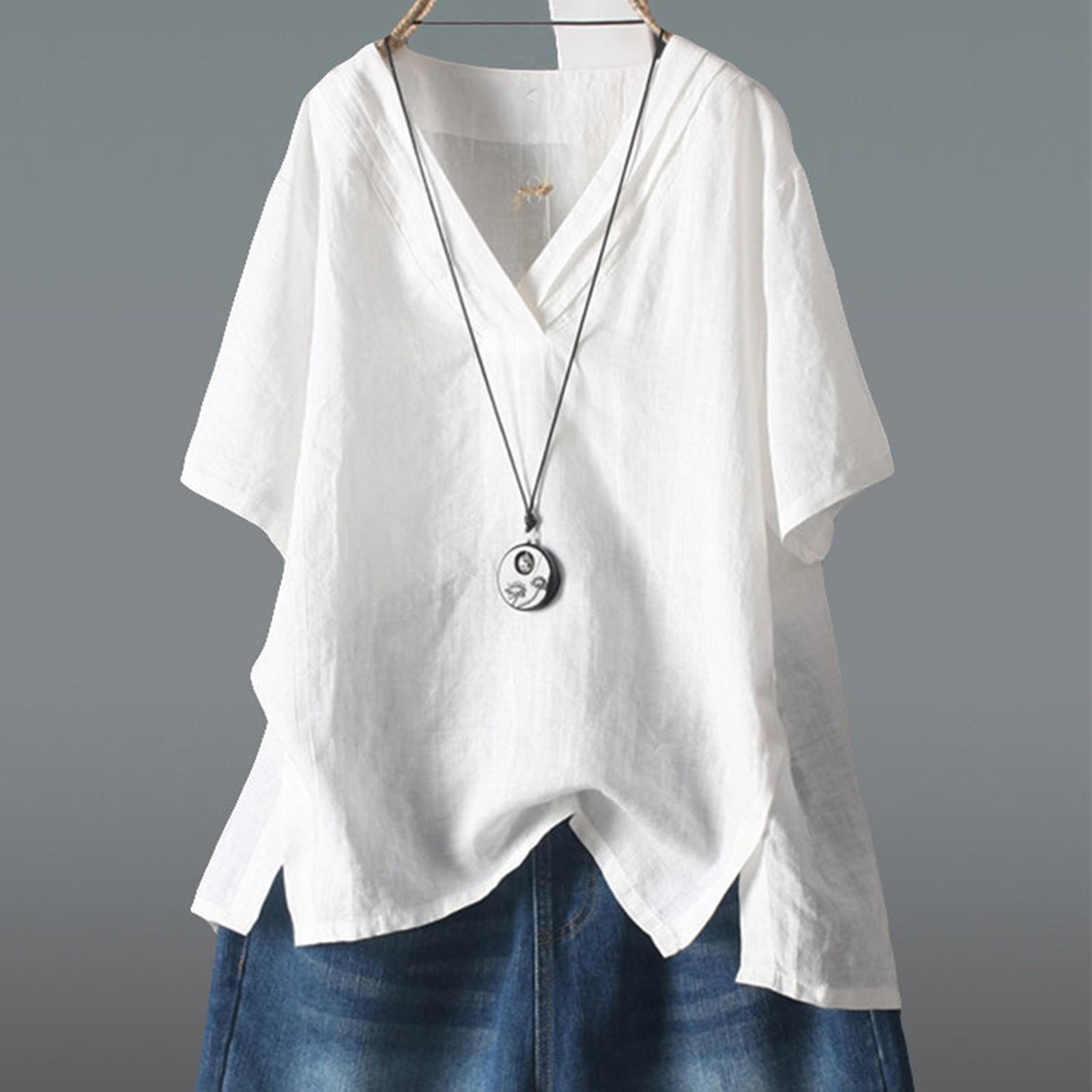 

Женские рубашки с коротким рукавом из хлопка и льна, туники, свободные, большие женские топы и блузки, повседневная белая рубашка, одежда больших размеров 5XL XXXL белый