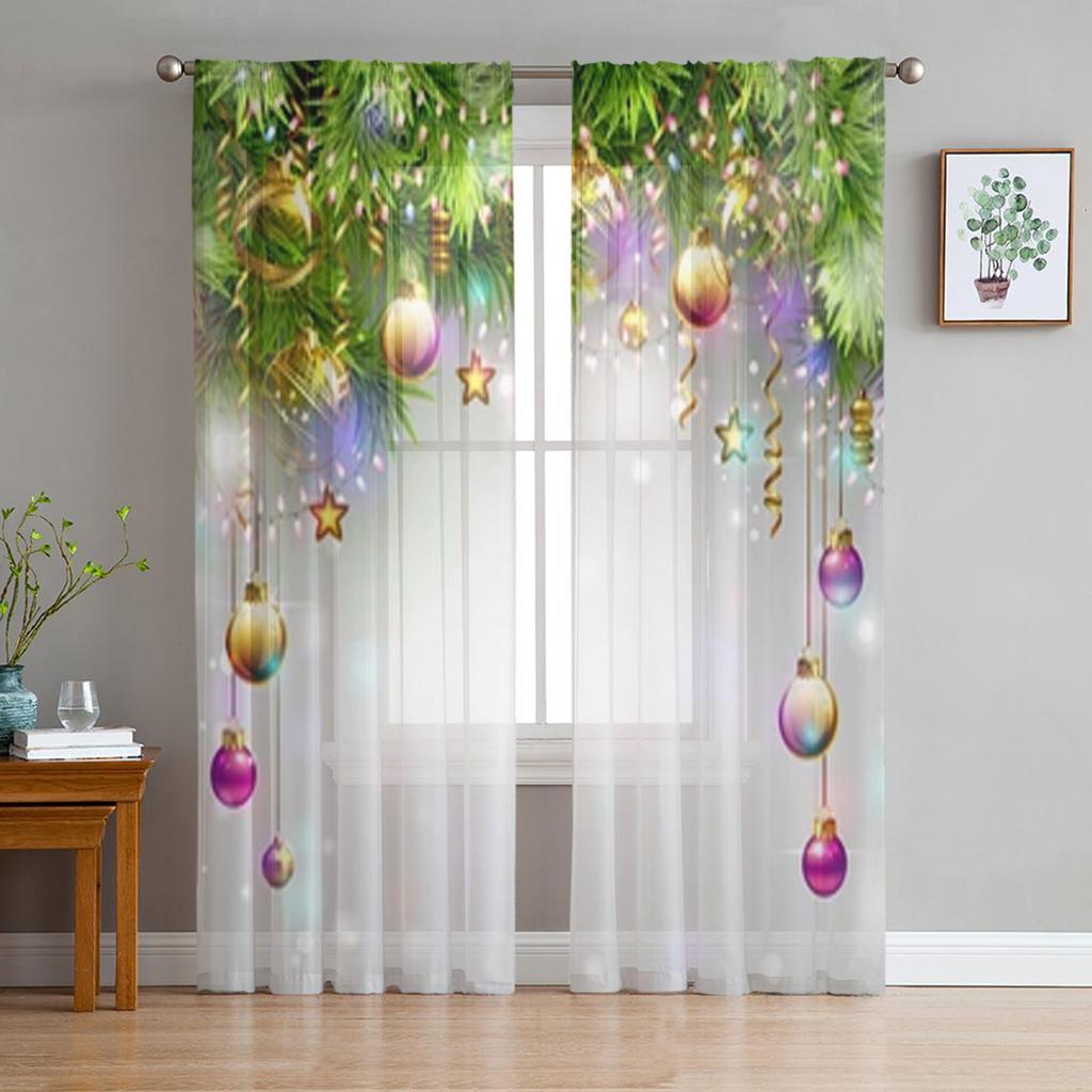 Farmhouse Christmas Ball Curtain Living Room Cafe Xmas Gifts Balls Window Curtains Kitchen Bedroom Outdoor Yard Sheer Polyester Ideal For
