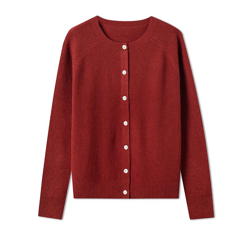 0 Wollstrickjacke Damen Rundhalsausschnitt nahtlos gestrickte Jacke lockerer Rückstrickpullover mit dünnen Herbst-Neuheiten