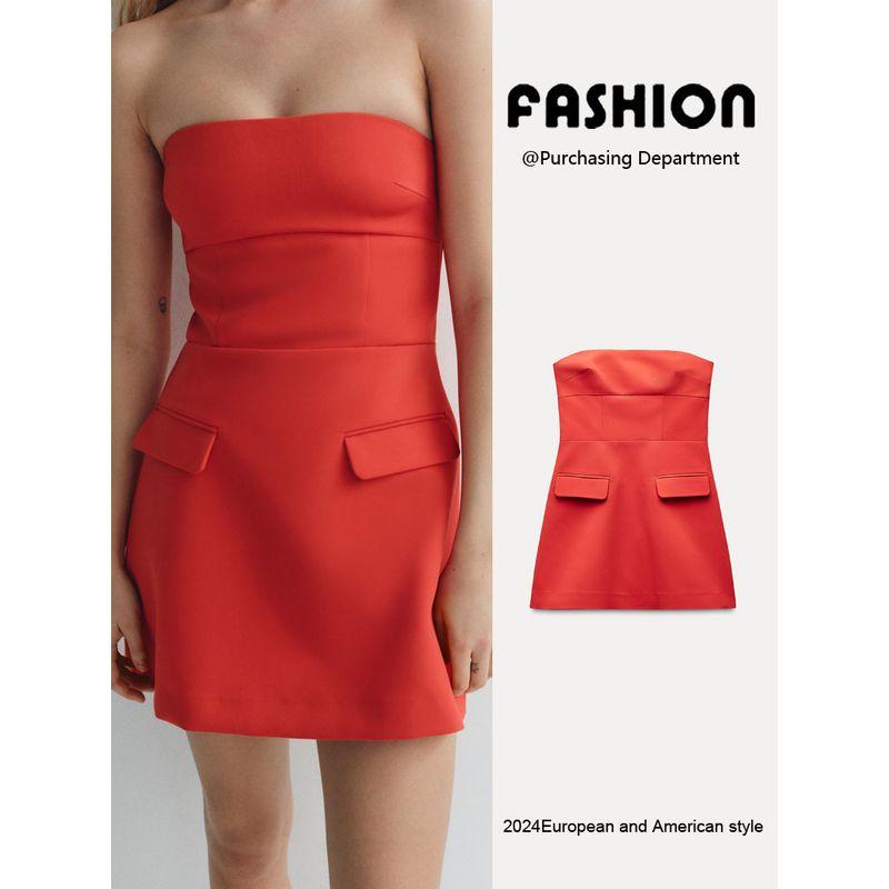 Za2025 Spring New Women's Clothing Fashion Elegant Flip Trim Bandeau One-Shoulder Straight Collar Short Dress 3067311