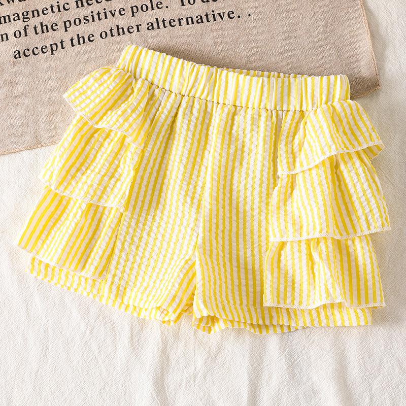 Girls' Fashion Set - Summer Children's Sweetly Decorated Bow-Tie Short-Sleeved Striped Flared Shorts Set