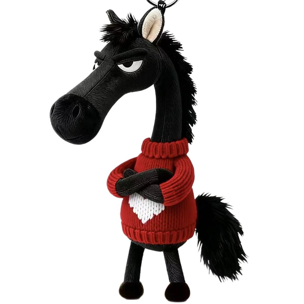 Cartoon Simulation Sweater Black Horse Keychain, Plush Toy Backpack Pendant Decoration, 2026 Mascot Of The Year Of The Horse