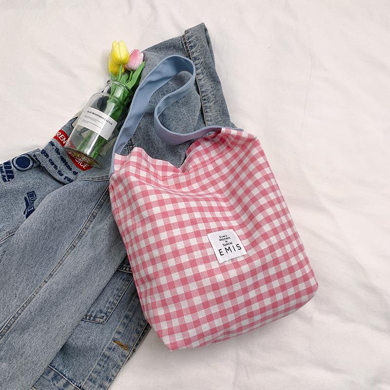 Canvas Bag Women's New Style Casual Contrast Color Plaid One Shoulder Cloth Bag College Student Literary Commuter Tote Bag