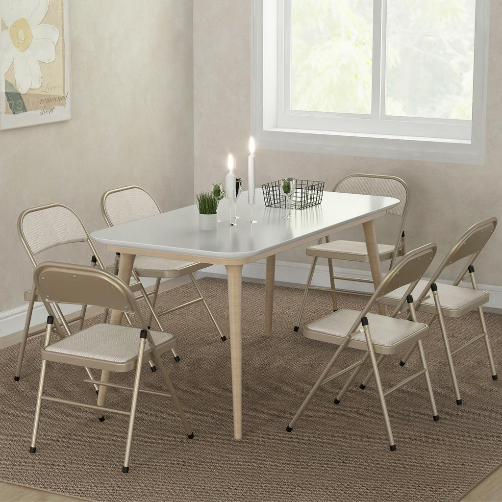 Set of 6 Folding Chairs, Portable Office Chairs, Steel Legs, Folding Chair for Office, Reception, Waiting Room, Linen Look Beige
