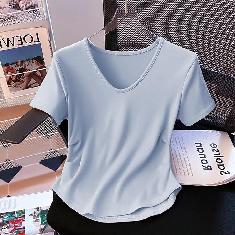 Women's V-Neck Pleated Waist-Slimming Yellow Modal T-Shirt - Short-Sleeve Summer Top
