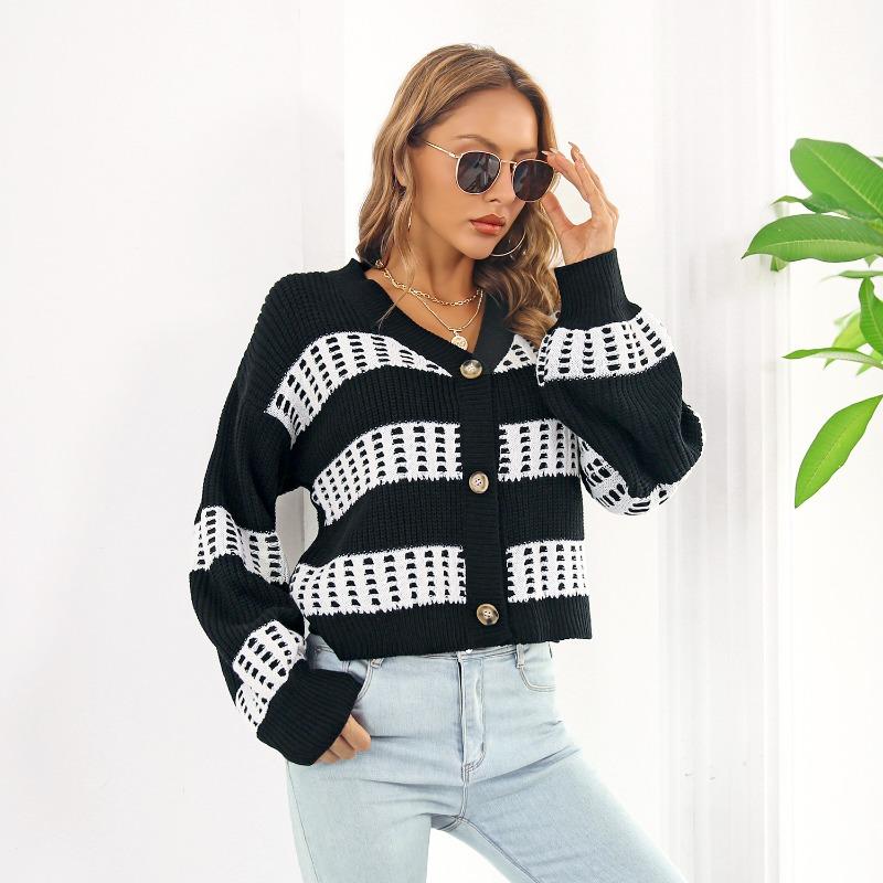 Women S V Neck Lantern Sleeve Contrast Color Short Cardigan Sweater Coat