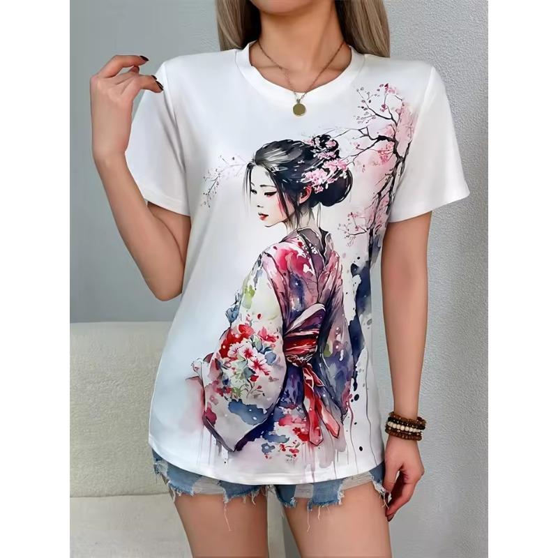 Casual Women's Short Sleeve Tops Colorblocking Floral 3D Print Round Neck Tops Fashion Short Sleeve T Shirt Women's Clothing