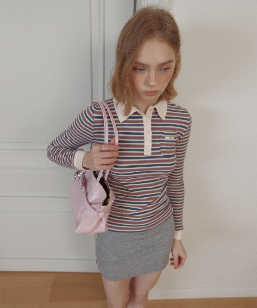 LETERIE Stripe Collar Long Sleeve Tee_Purple