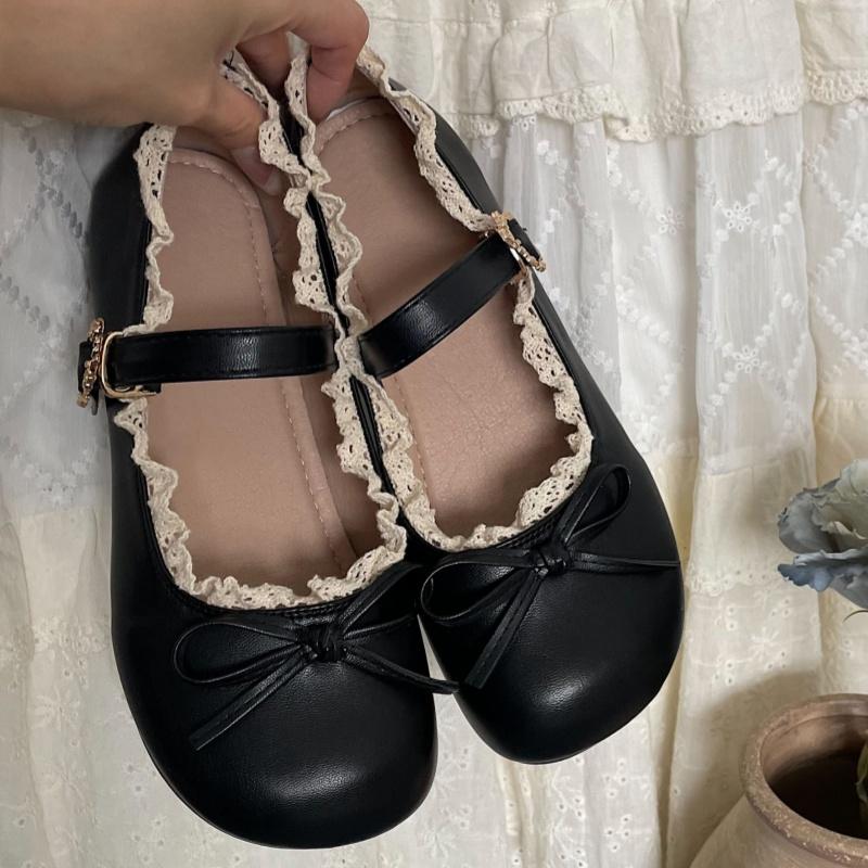 2025 Breathable Leather Flat Shoes Lace Ruffled Bow Ballet Flats Casual Soft Soled Women Shoes Mary Janes Sweet Girls Shoes