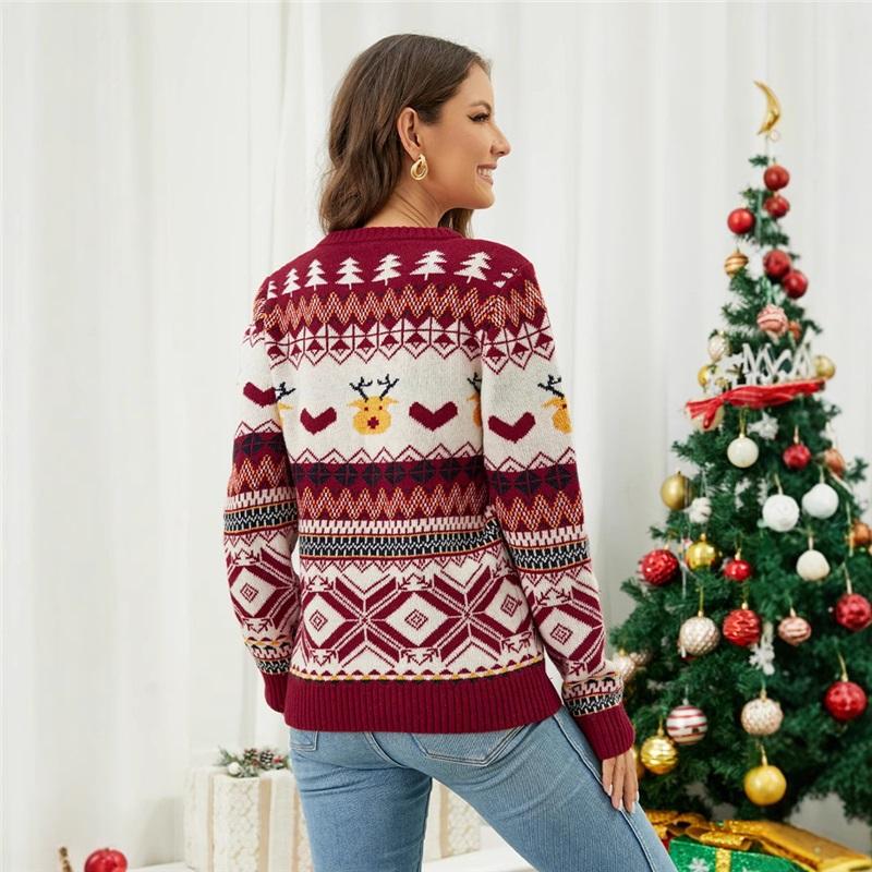 Neuer Damenpullover Jacquard Niedlicher Rehpullover Europäischer und Amerikanischer Stil Locker Dick Rundhals Pullover
