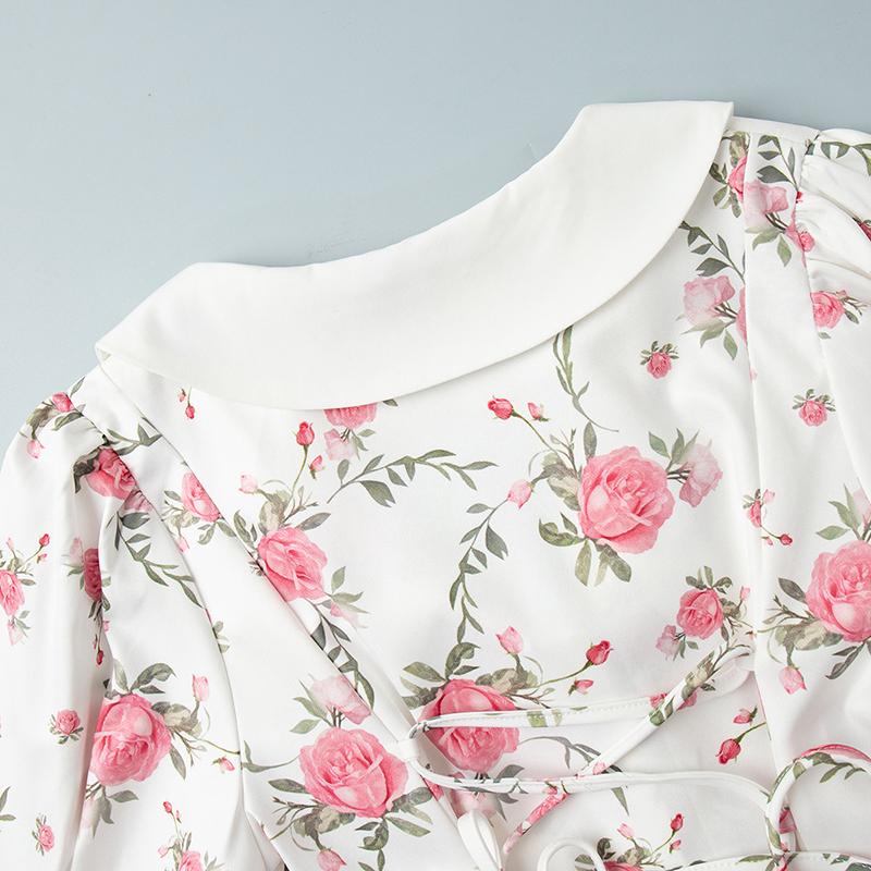 Summer Print Puff Sleeves Ruffled Dress Women's V-Neck High Waist Pearl Buttons Mini Dress Female Casual Vacation Fashion Dress