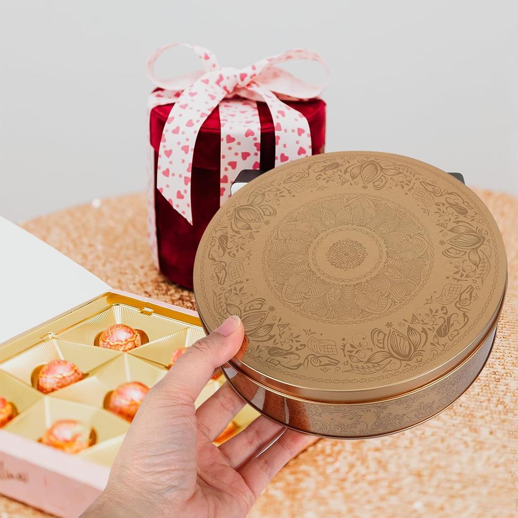 Luxshiny Cookie Tin with Lid Round Golden Cookie Jar Tin Cake Baking Pan Food Storage Container Snack Biscuits Treat Boxes For Keep Cookie Candy