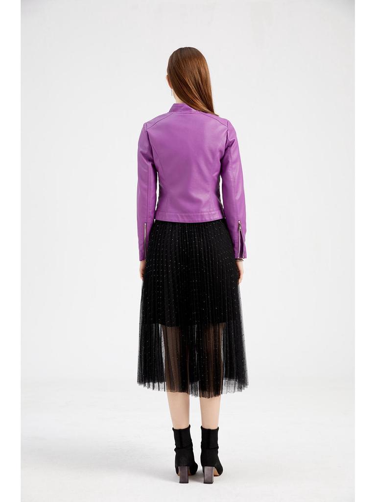 Damen Kurze Lederjacke - Frühling/Herbst Stehkragen