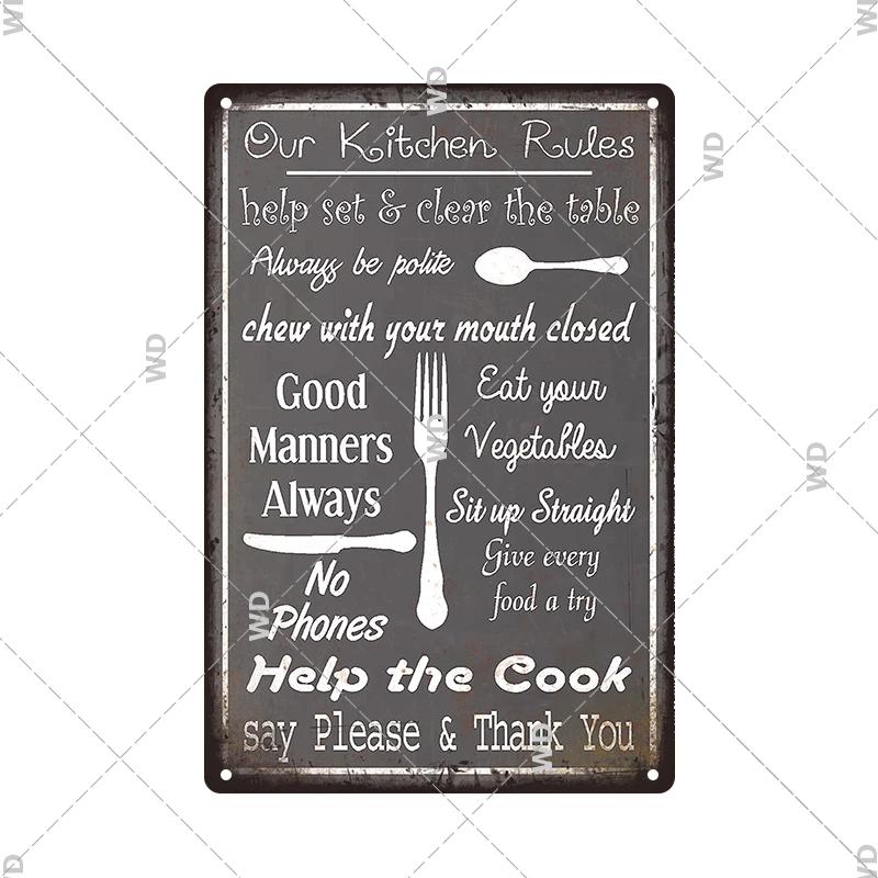 Retro Plåtskylt Köksregler Mat Järnmålning Väggkonst Metall Vintage Plakett Metallaffischer för Hus Hem Matsal Dekor