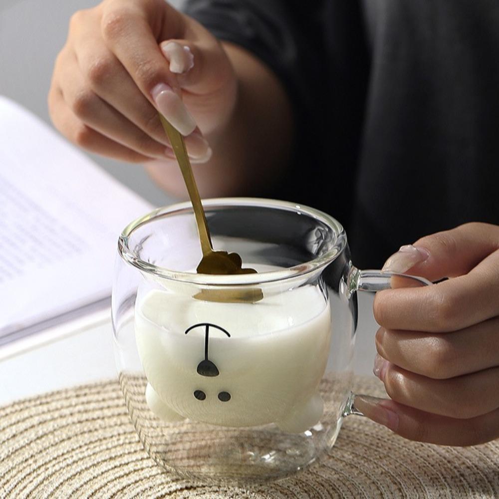 Dvoustěnný skleněný hrnek na kávu Kreslený medvěd Láhev na džus a mléko Jednoduchý hrnek na whisky, koktejl, víno Dárek