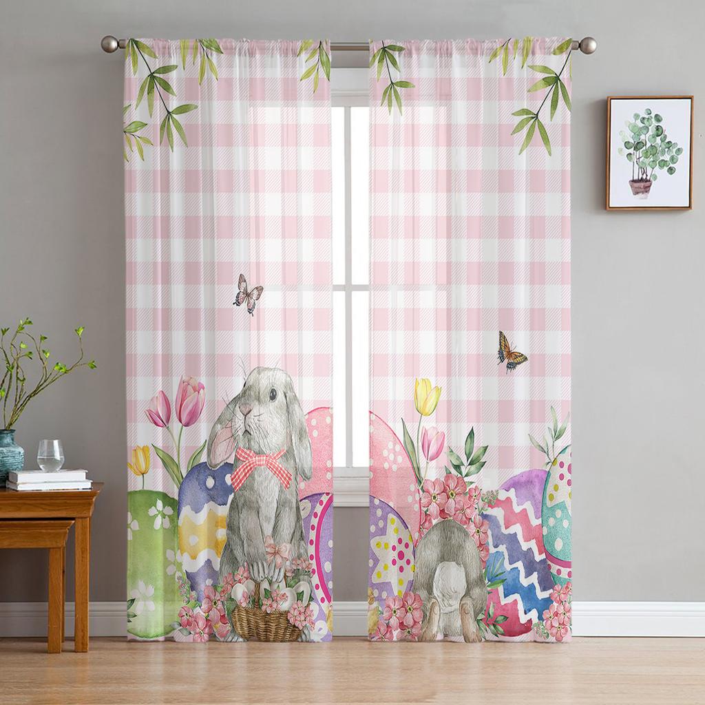 Easter Retro Farm Style Bunny Sheer Curtains for Bedroom Living Room Festival Decor Cute Rabbit Kitchen Window Tulle Curtain