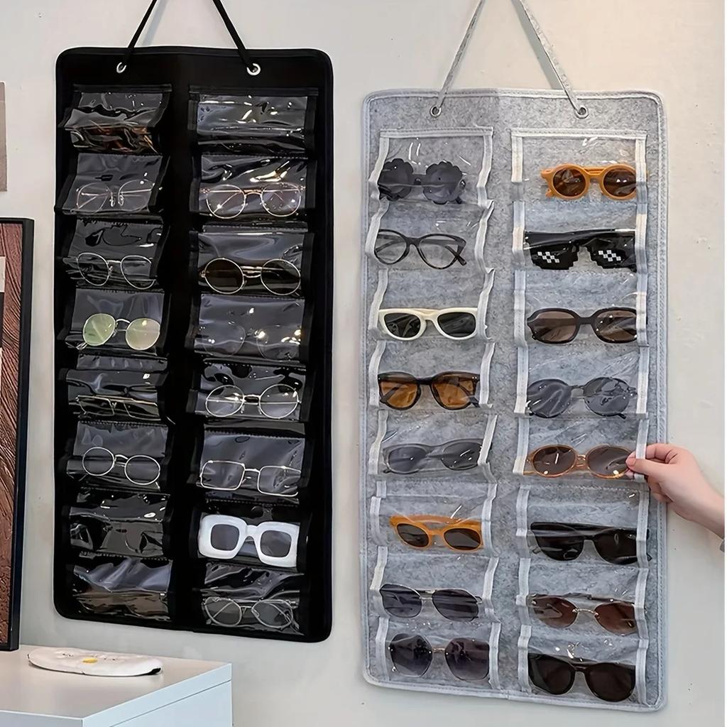 1pc Wall Hanging Eyeglasses Storage Organizer Felt Backing Easy To Wipe Foldable Eyewear Storage Bag with 16 Transparent Pouch