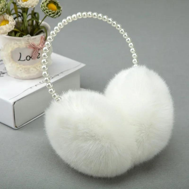 2024 New Thickened Earmuffs Cute Girl Party Style Headdress Winter Fluffy Plush Imitation Pearl Beaded Headband