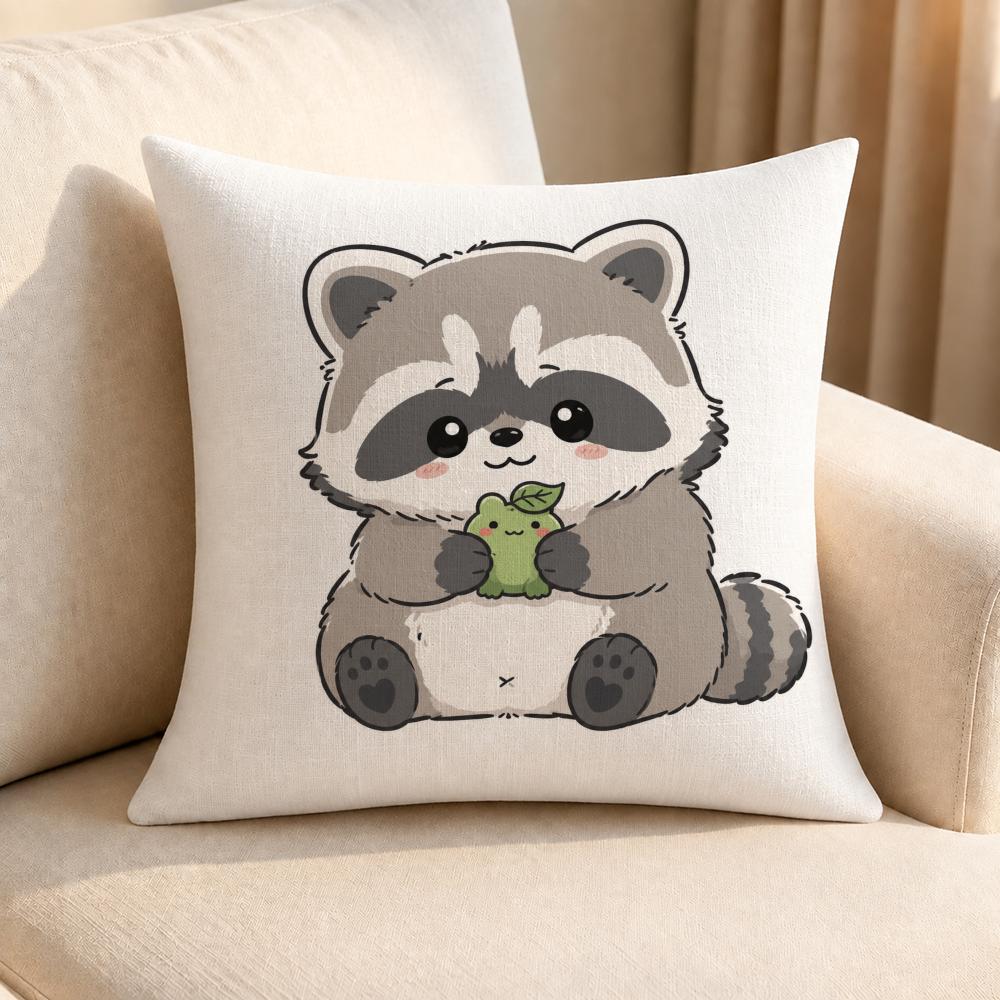 Character Cute Little Raccoon Cushion Cover Linen AntiMite Antibacterial Cushion Cover Invisible Zipper Sofa Decor