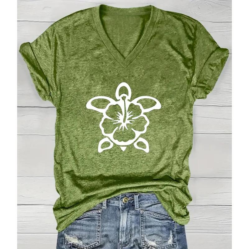 Fashion Spring Sea Turtle Painting Blouses Short Sleeved V-Neck T Shirts Casual