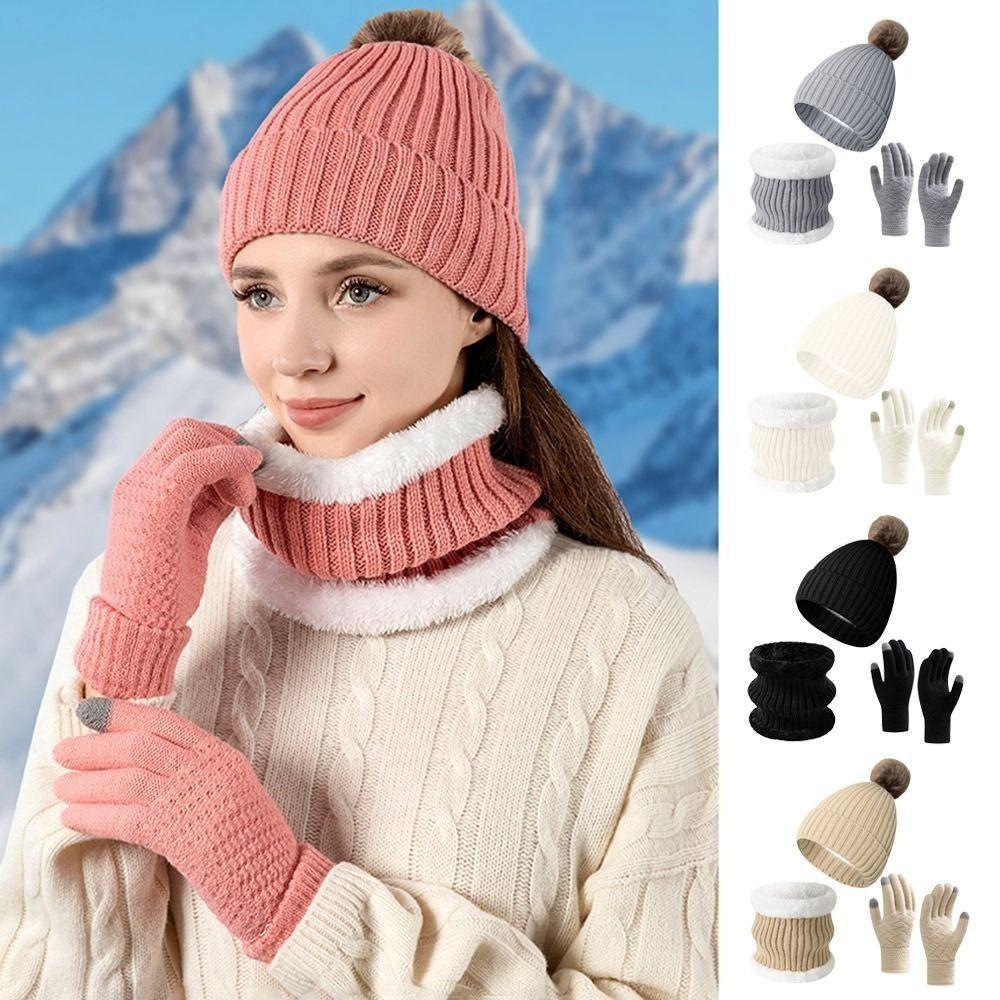 3Pcs/Set Plush Lining Knit Beanie Snood Set Warm Scarf Neck Warmer  for Men Women