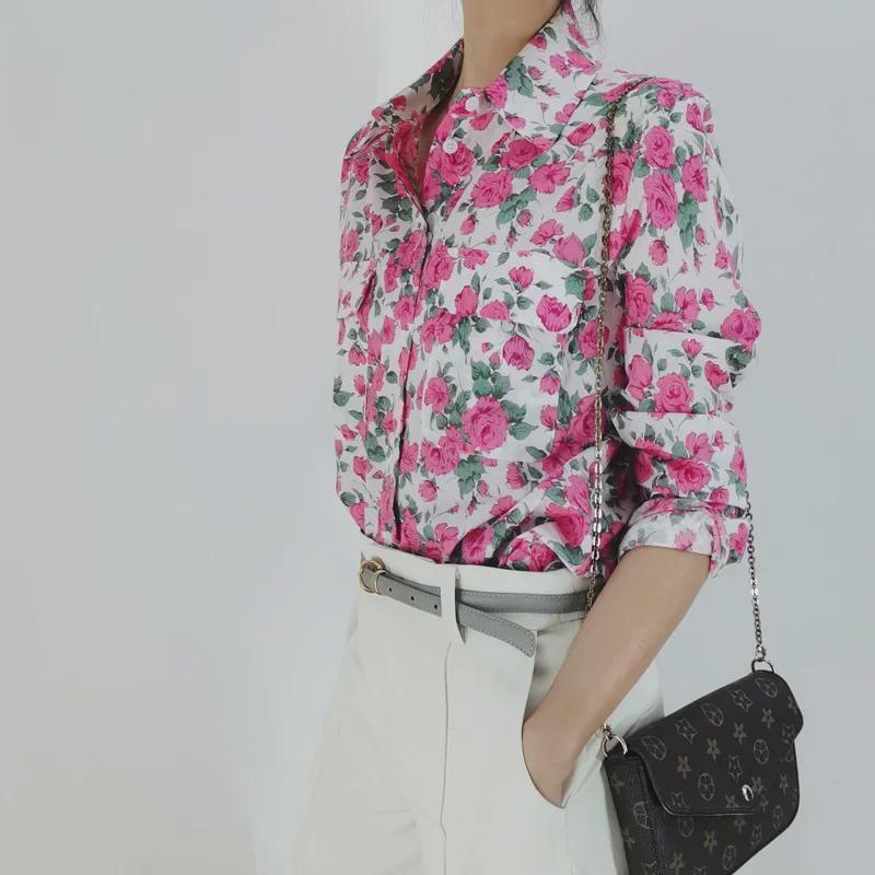Retro Caroline Rose Print Cotton Long Sleeve Women's Shirt with Double Pockets