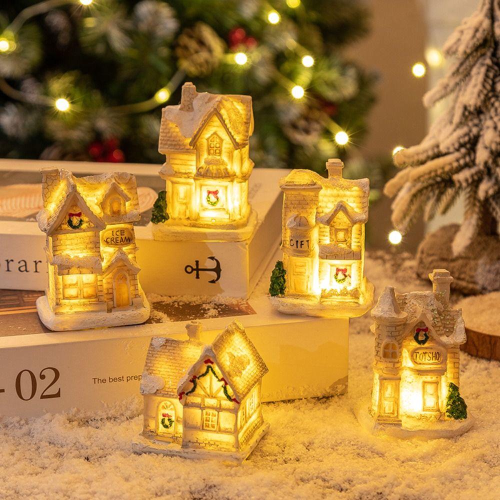 White LED Light Snow House Resin Xmas House Ornament  New Year Decoration