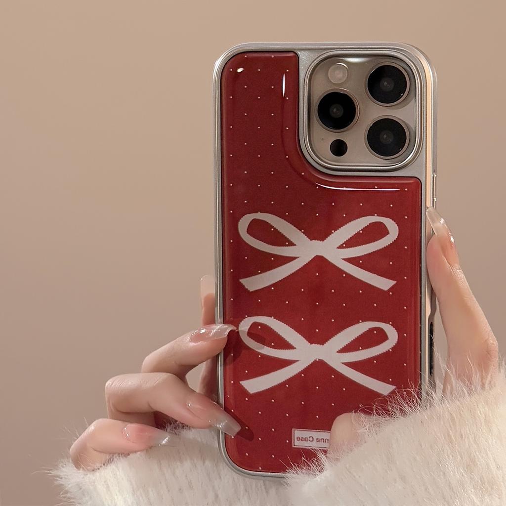 Electroplated Ins Burgundy Retro Bow for 16 Apple 15pro Max Mobile Phone Case Iphone14 Epoxy 17