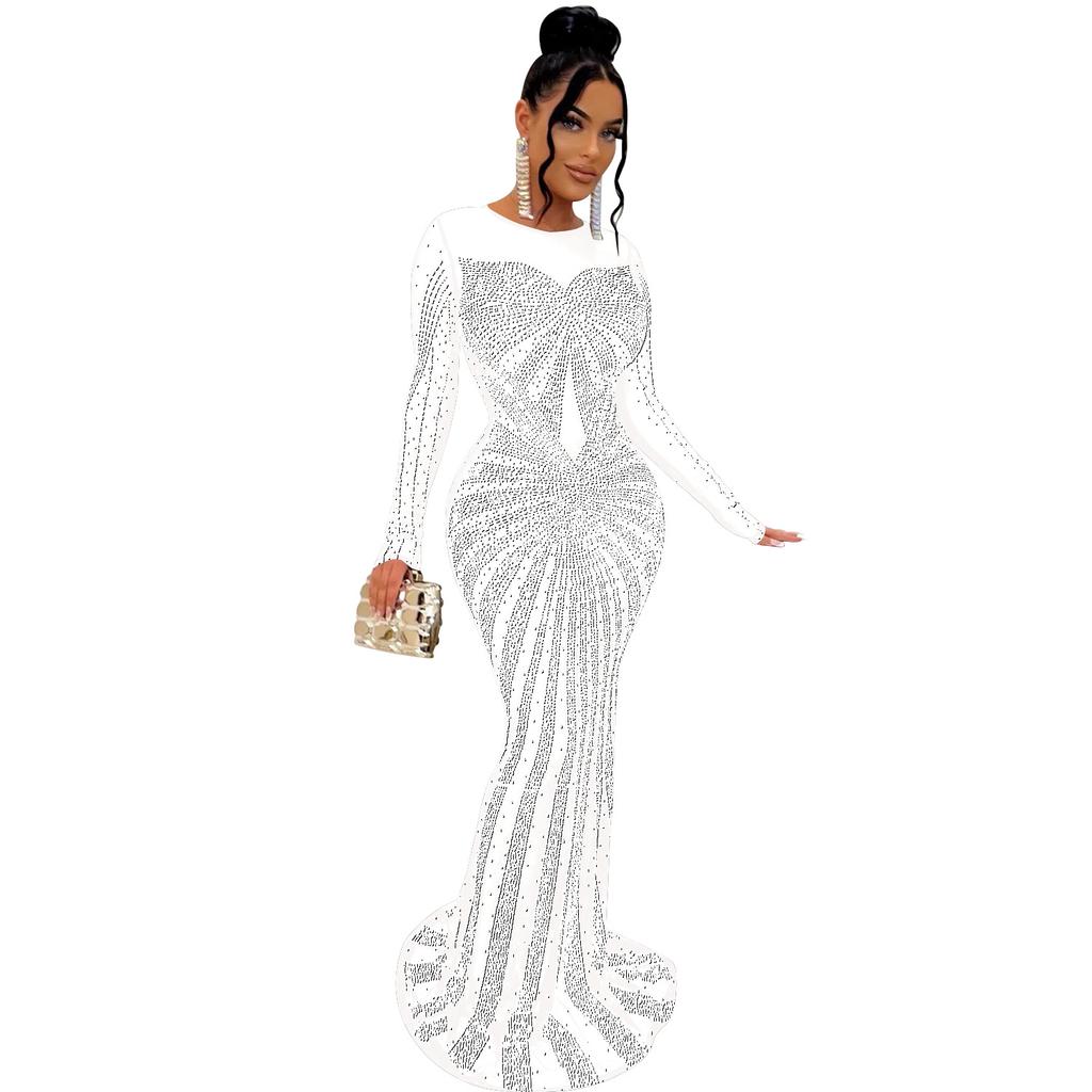 Vestido de noche Vestido largo de manga larga con diamantes de imitación transparentes de malla de color sólido para mujer a la moda