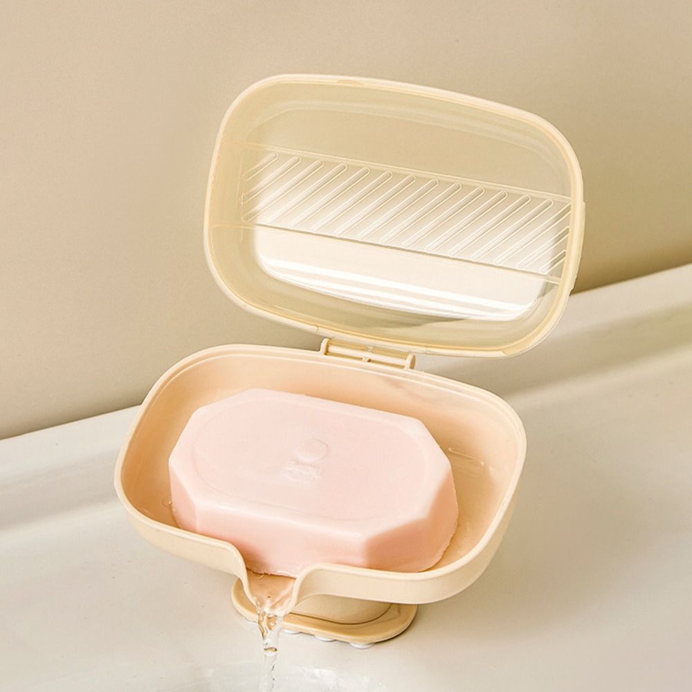 Durable Sloped Drainage Draining Soap Box Suction Cup Base Dustproof Lid Soap Dish Soap Container for Bathroom Sink Countertop
