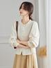Women's Long Sleeve Embroidered Shirt - New Chinese Style, Apricot Round Neck, 2025 Autumn Collection