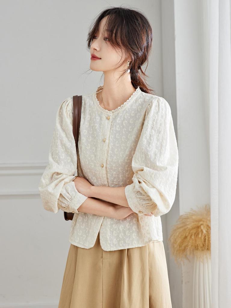 Women's Long Sleeve Embroidered Shirt - New Chinese Style, Apricot Round Neck, 2025 Autumn Collection