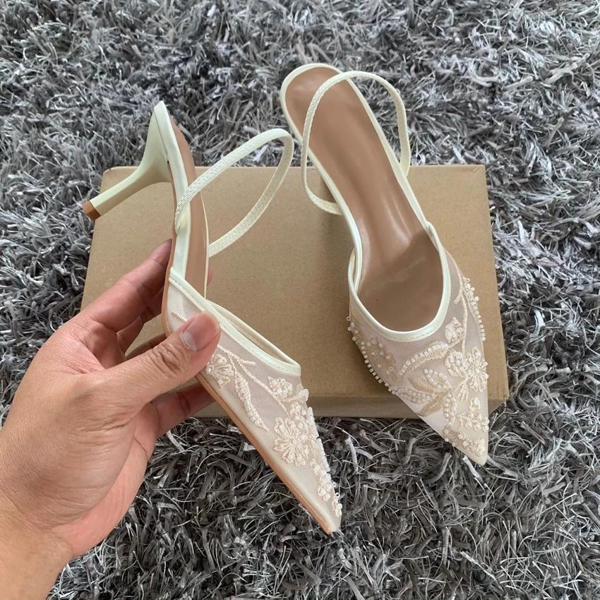 Brand Designer White Women Wedding Pumps Mesh Embroidered Flowers Back Strap Sexy Slingback High Heels Dress Ladies Shoes