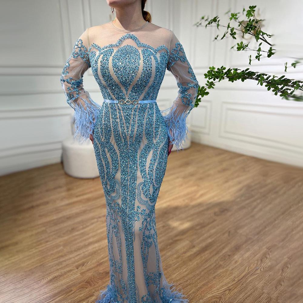 Pink Elegant Feather Long Sleeve Evening Dress Celebrity Banquet Host Playing Fishtail Dress LA10911