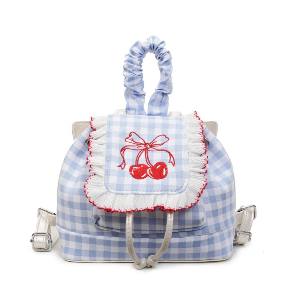 

Canvas Cherry Backpack Travel Bow Shoulder Bag Multi Functional Lace Plaid Backpack College Style 3