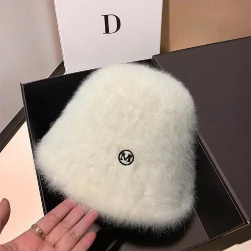 Korea Designer M Bucket Hat Woman Warm Plush Angola Rabbit Fur Hat Lady Autumn Winter Ins Fashion Basin Hat Retro Fluffy Panama