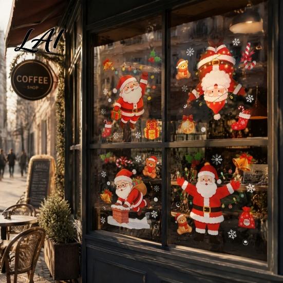 Festive Christmas Wall Art for Party Santa Claus Static Window Clings Glass Stickers with Snowflake Bear Decals Holiday Decor Bell Patterns,