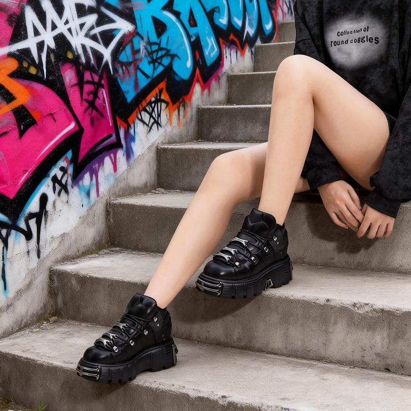 Punk Style Women Shoes Lace-up heel height 6CM Platform Shoes Woman Rock Boots Metal Decor Woman Sneakers
