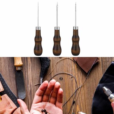 3x Sewing Awl with Wood Handle Compact Portable Versatile Leather Tool for Soles Crochet DIY