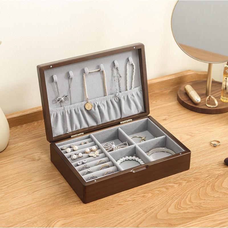 Wood Jewelry Box Women Men Real Walnut Organizer With Velvet Lining Dual Layer Storage Case