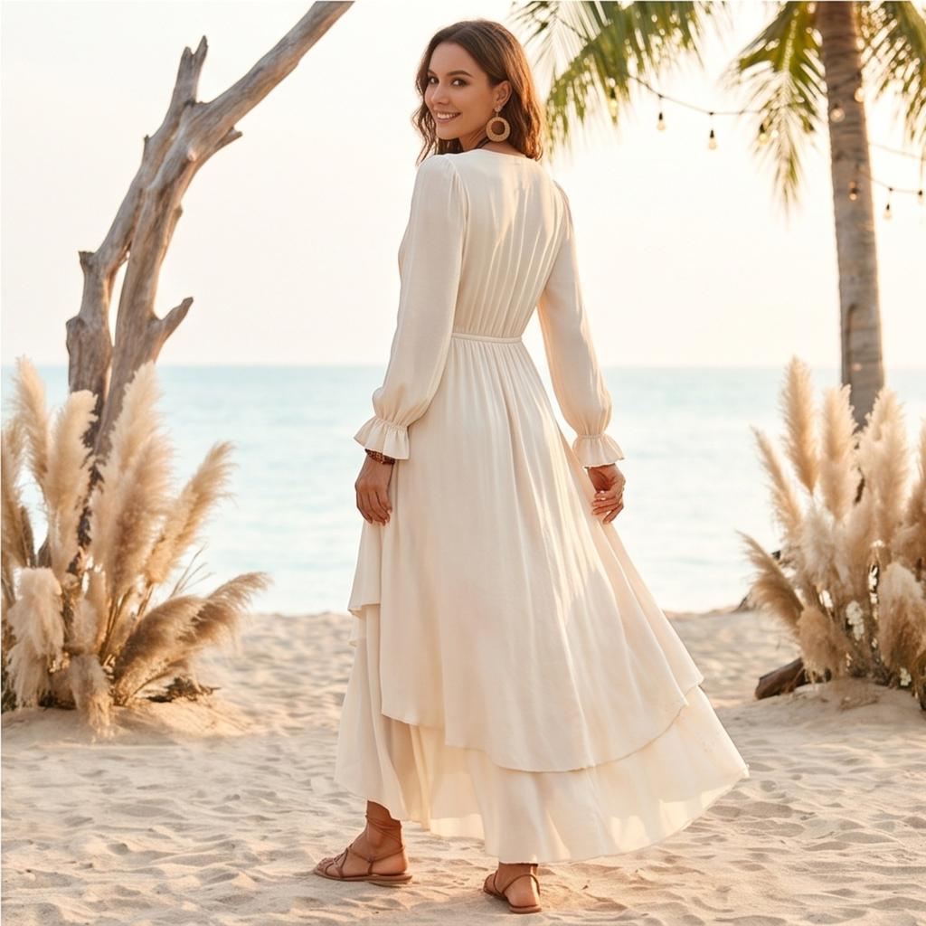 Women's Color Chiffon V Neck Long Sleeve Bohemian Dress with Asymmetrical Ruffle Hem